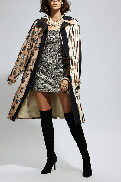Ivory feather printed trench coat