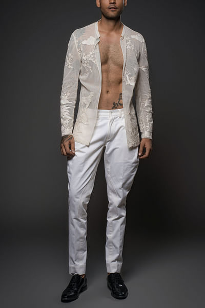 Ivory floral and animal embroidered shirt