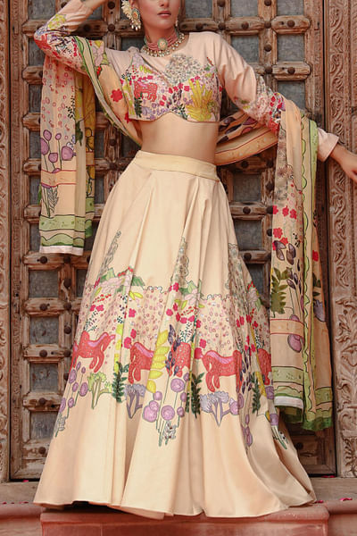 Ivory floral and animal printed lehenga set
