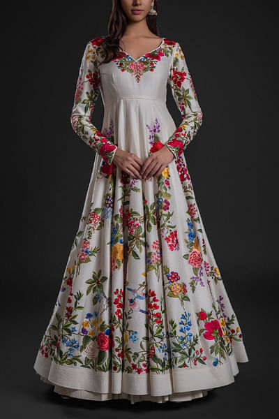 Ivory floral and bird embroidered anarkali set