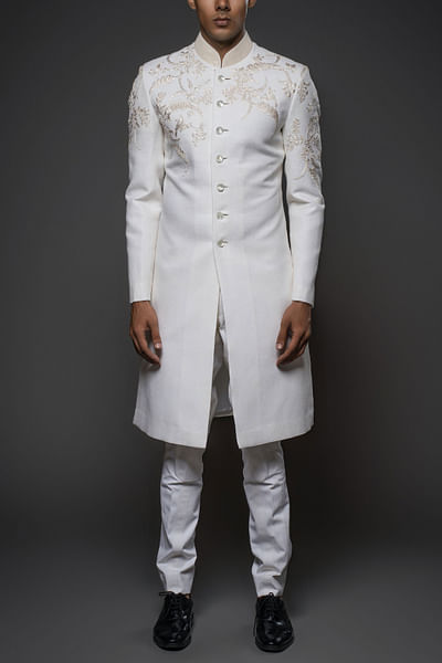 Ivory floral and bird embroidered sherwani
