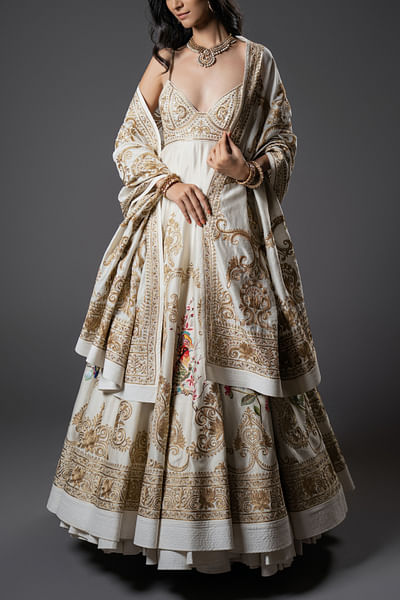 Ivory floral and bird embroidery anarkali set