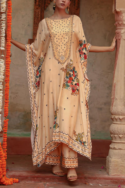 Ivory floral and bird printed kaftan set