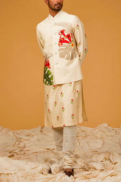 Ivory floral and leaf printed bandi kurta set