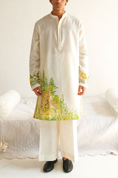 Ivory floral and tree hand painted kurta set