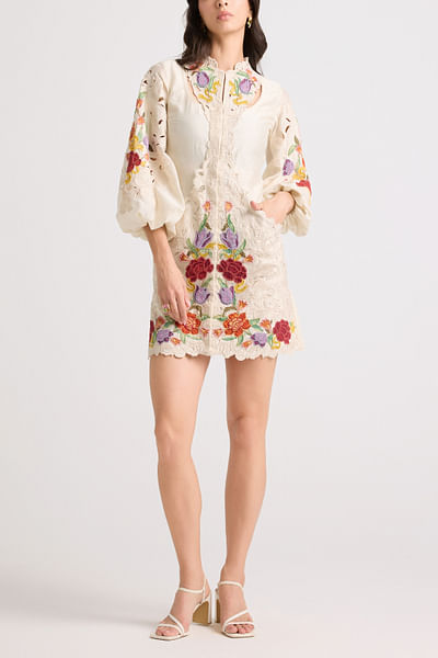 Ivory floral applique embroidery short dress