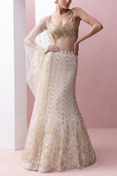 Ivory floral appliqued fishtail lehenga set