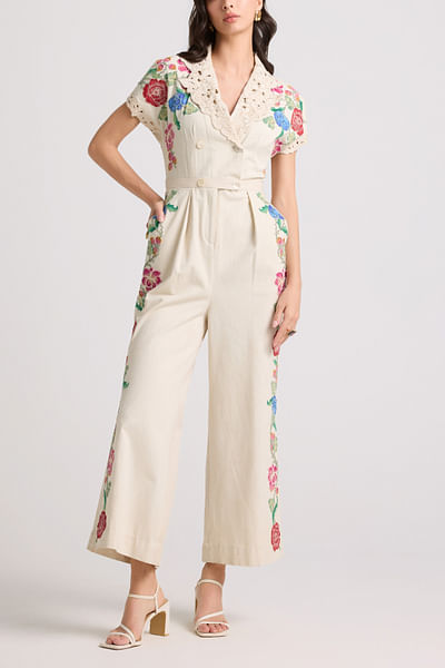 Ivory floral appliqued jumpsuit