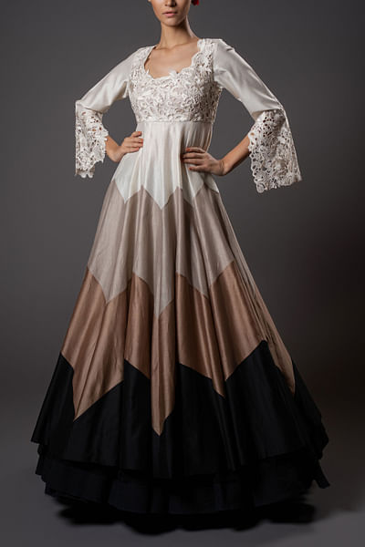 Ivory floral cutwork colour block anarkali set