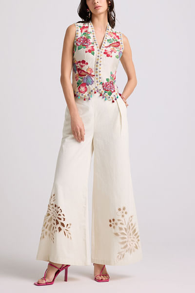 Ivory floral cutwork flared pants