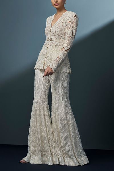 Ivory floral cutwork jacket sharara set