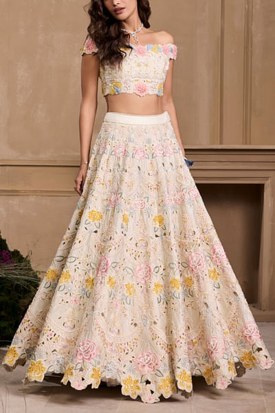 Ivory floral cutwork lehenga