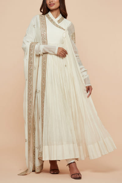 Ivory floral embroidered angrakha anarkali set