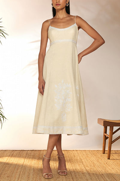 Ivory floral embroidered backless dress