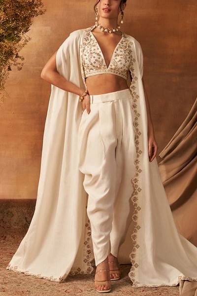 Ivory floral embroidered cape set