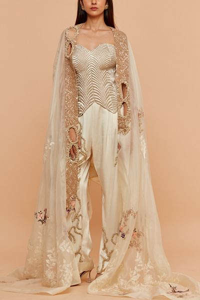 Ivory floral embroidered cape set