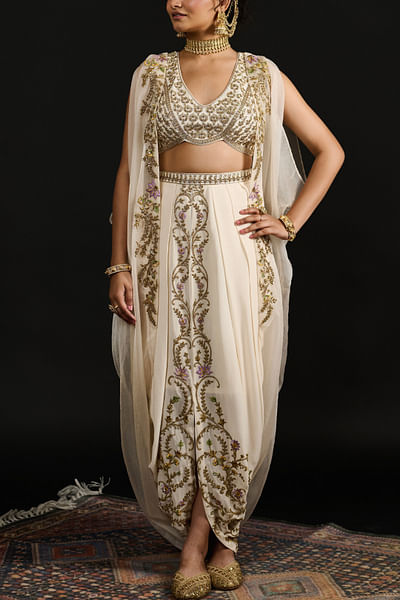Ivory floral embroidered cape set