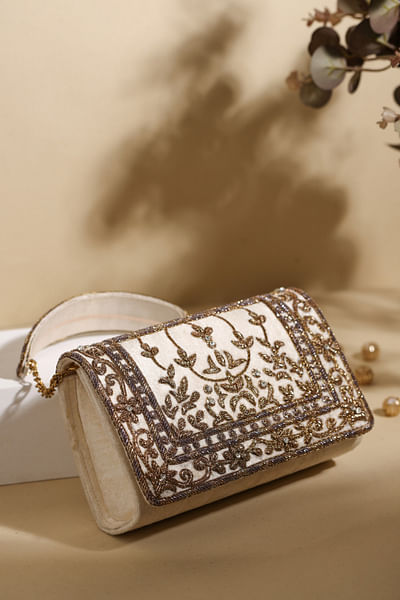 Ivory floral embroidered clutch