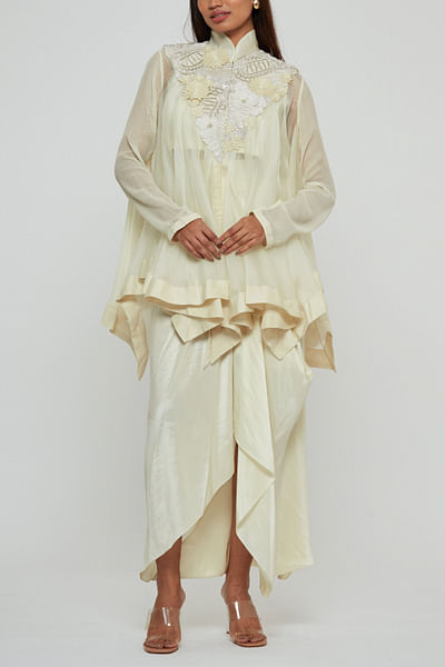 Ivory floral embroidered jacket and skirt set