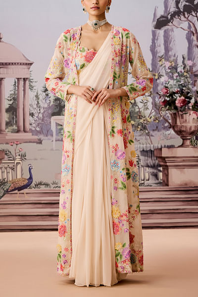 Ivory floral embroidered jacket draped sari set