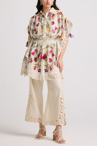 Ivory floral embroidered kaftan shirt