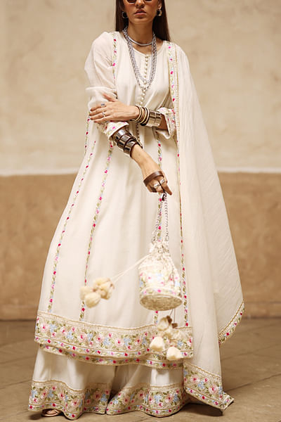 Ivory floral embroidered layered kurta set