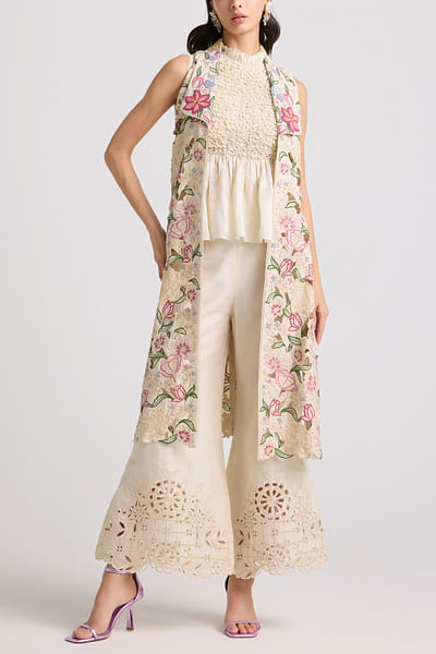 Ivory floral embroidered long jacket