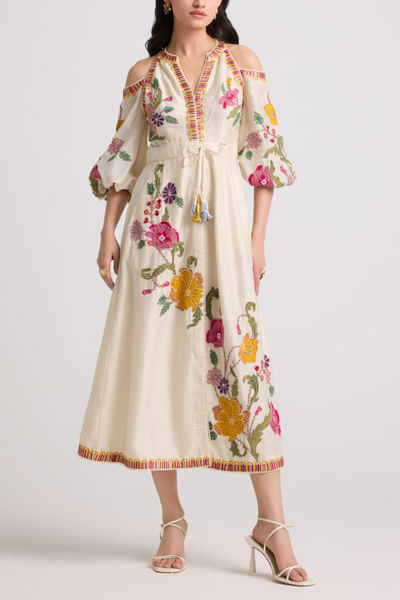 Ivory floral embroidered midi dress