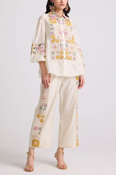 Ivory floral embroidered pants