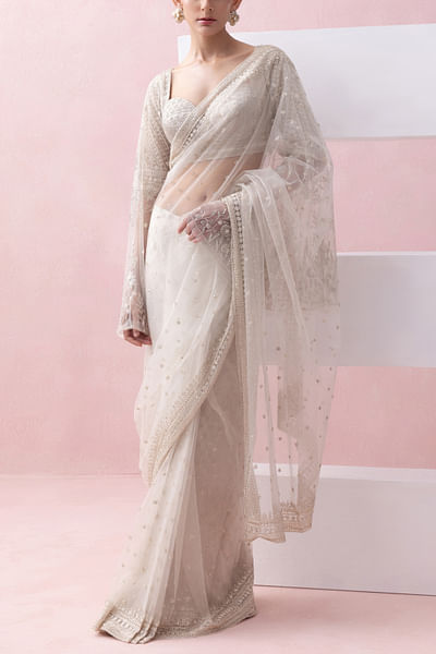 Ivory floral embroidered pre-stitched sari set