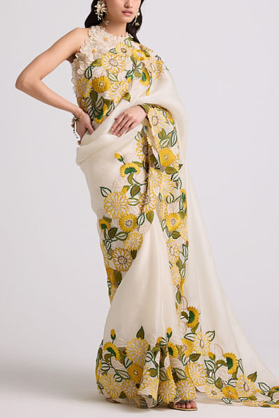 Ivory floral embroidered sari