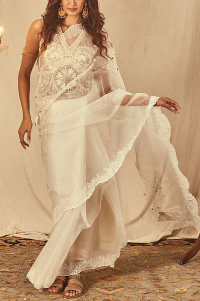 Ivory floral embroidered sari