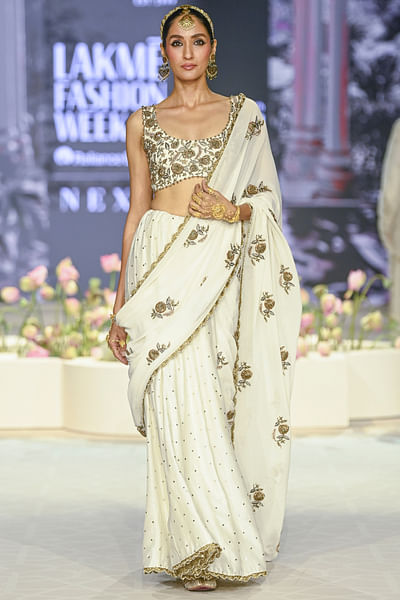 Ivory floral embroidered sari set