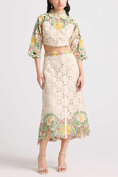 Ivory floral embroidered skirt
