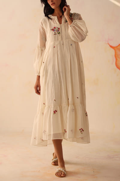Ivory floral embroidered tiered midi dress
