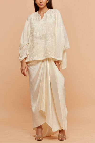 Ivory floral embroidered top and draped skirt
