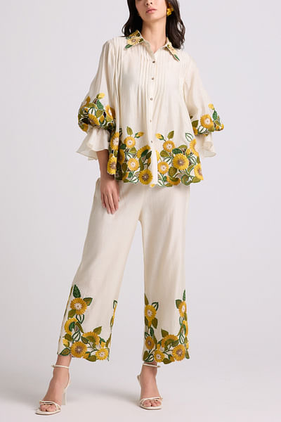 Ivory floral embroidery pants