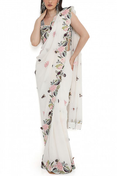 Ivory floral embroidery sari set