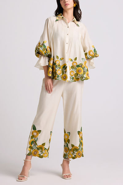 Ivory floral embroidery shirt