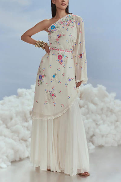 Nachiket Barve Ivory floral embroidery tunic sharara set NABFEB24D207