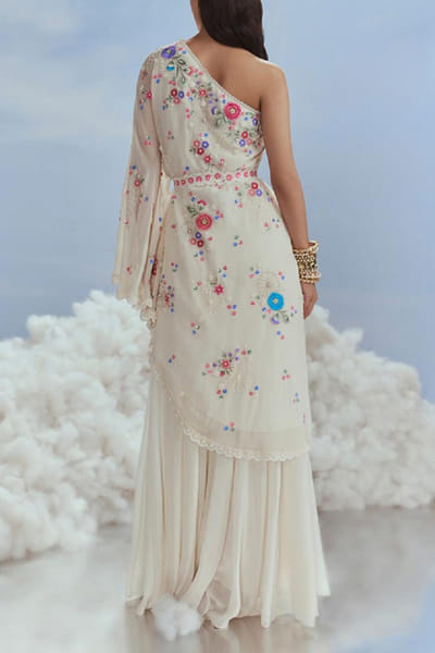 Nachiket Barve Ivory floral embroidery tunic sharara set NABFEB24D207