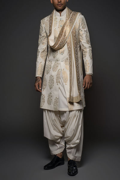 Ivory floral foil printed sherwani set