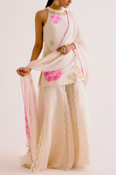 Ivory floral hand painted kurta and sharara set