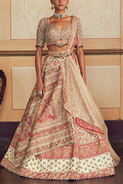 Ivory floral jacquard banarasi lehenga set