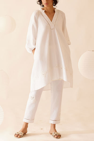 Ivory floral lace patchwork straight pants