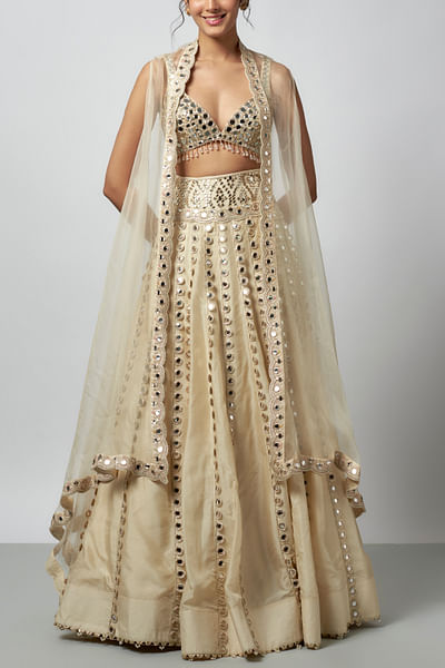 Ivory floral mirror embroidered lehenga cape set