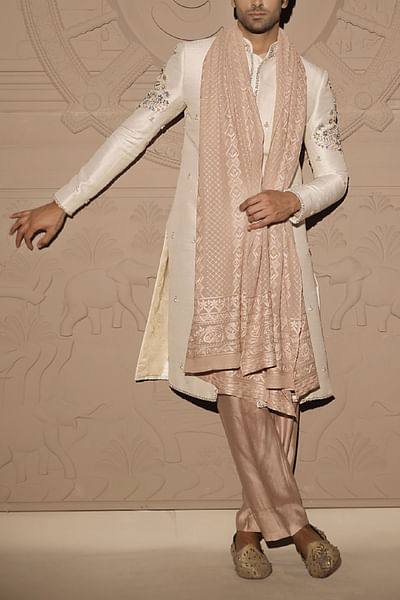 Ivory floral pearl embroidered sherwani set