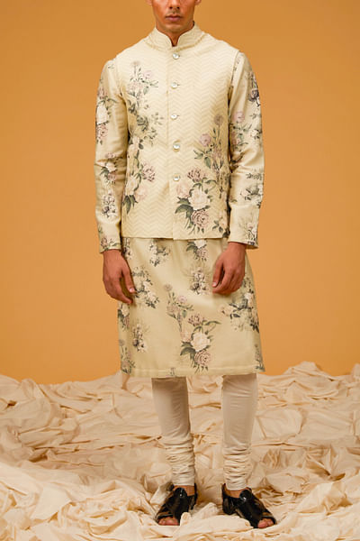 Ivory floral print bandi and kurta set