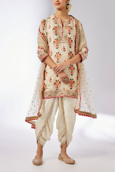 Ivory floral print embroidered kurta set