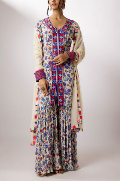 Ivory floral print gharara set